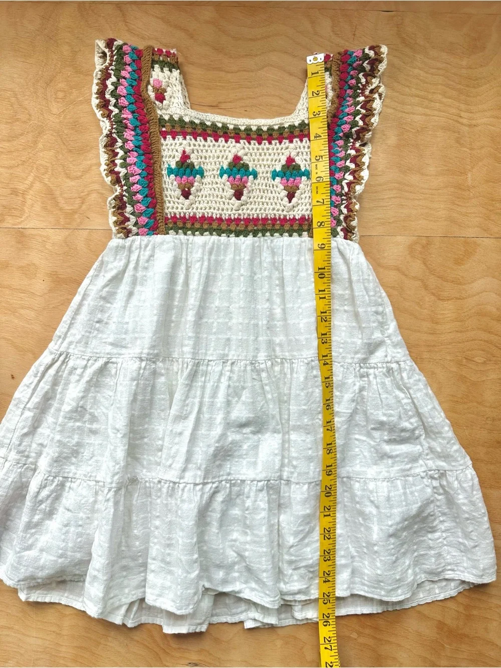 Zara Kids Crochet Granny Square Tiered Dress Size 8 Boho White Multicolor